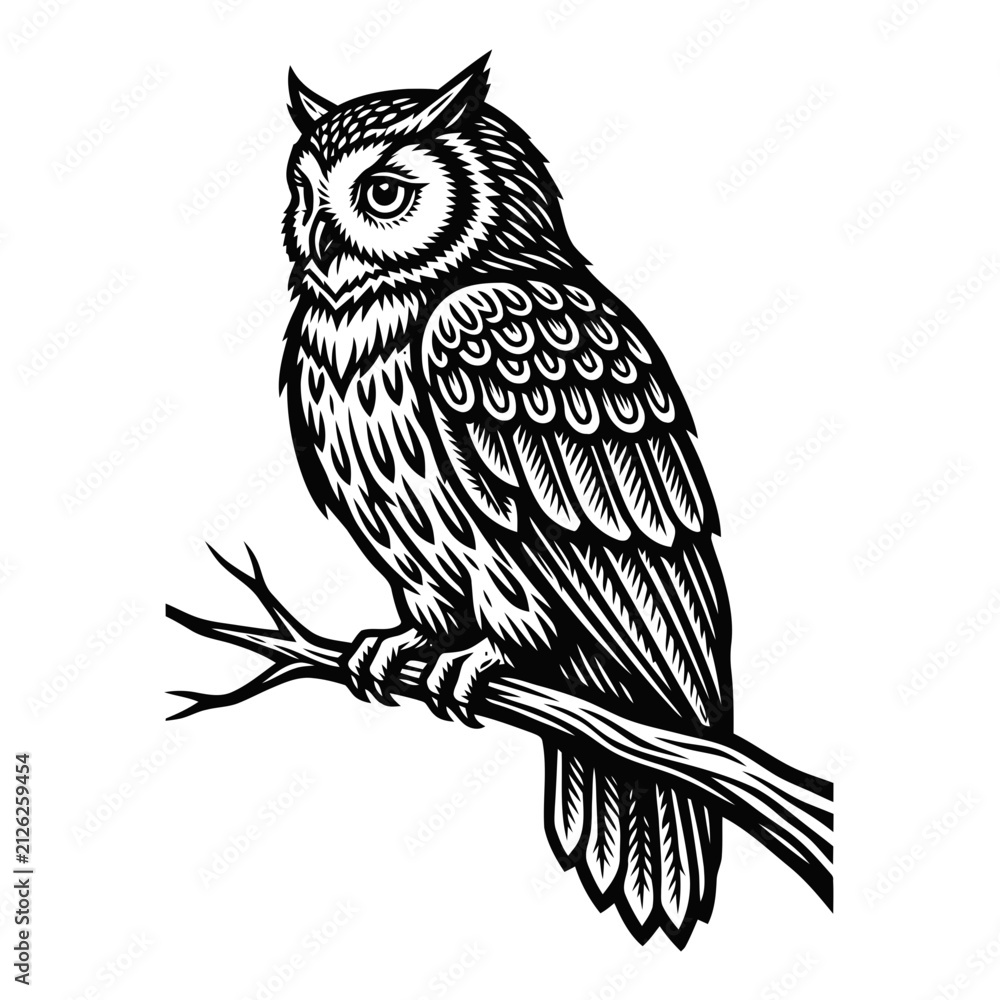 Obraz premium Engraved owl illustration on a branch. Vintage style bird drawing for nature design.
