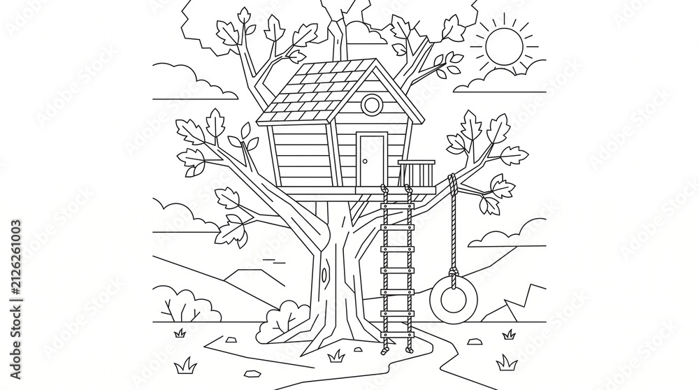 Fototapeta premium Treehouse nestled high within the branches of a large tree features a rope ladder and a tire swing, capturing the essence of childhood imagination and outdoor play.