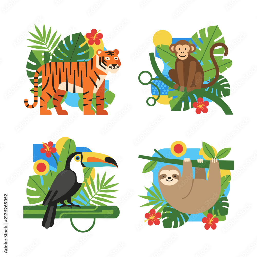 Obraz premium Colorful tropical jungle animals with tiger monkey toucan and sloth