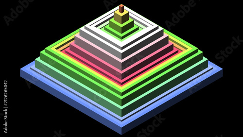 Abstract Isometric 3D Stepped Pyramid With Colorful Concentric Square Layers on Black Background