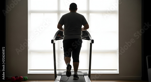 Man Running on Treadmill in a Bright Room with Large Windows During Indoor Fitness Training Session