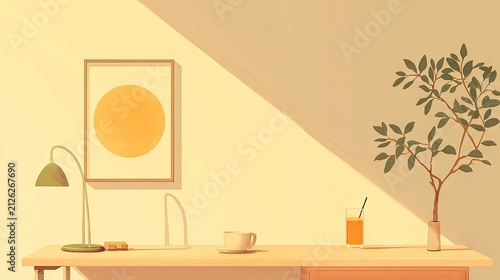 Interior scene depicts warm sunlight casting sharp shadows across a minimalist desktop arrangement