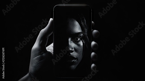Human hand holding a mobile device displaying a dimly lit portrait of a woman in monochrome