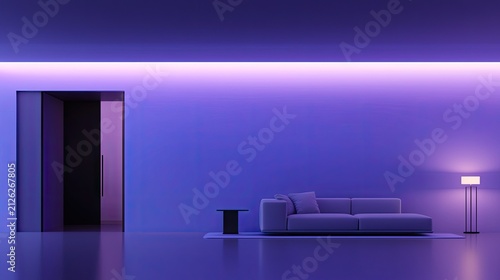 Contemporary interior space illuminated with vibrant neon purple and magenta lighting accents
