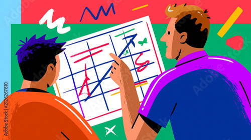 Bright conceptual scene of a coach and faceless athlete reviewing a simple performance strategy board with goals, breathing cues and training phases, over the shoulder