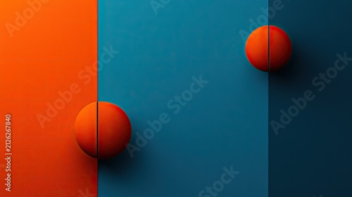 Symmetrical arrangement of divided spheres juxtaposed against vibrant contrasting color blocks