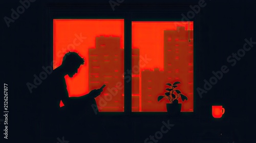 Silhouette of an individual looking at a handheld device framed against a vibrant red city skyline view at night