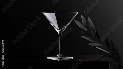 Elegant empty martini glass rests beside dark foliage against a black background