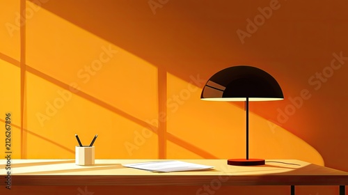 Minimalist desk arrangement features geometric light shadows cast by window frames onto a vibrant orange wall