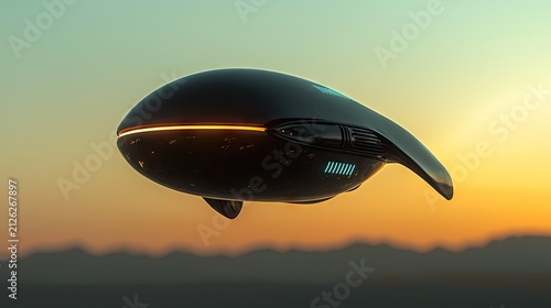 Sleek, dark, futuristic aerial vehicle hovers over a distant landscape at sunset