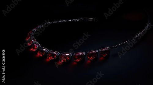Luxurious necklace featuring a row of deep red faceted gemstones set in dark metal rests on a black surface.