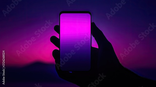 Silhouette of a hand holding a mobile device against a vibrant twilight sky background