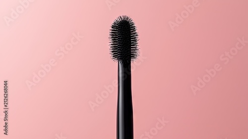 Close up view of black cosmetic applicator bristles against a solid light pink background