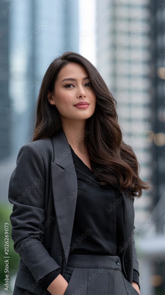 Fototapeta premium attractive young filipino business student in corporate attire, professional filipino woman portrait with city skyscrapers background, confident asian female student pursuing business career 