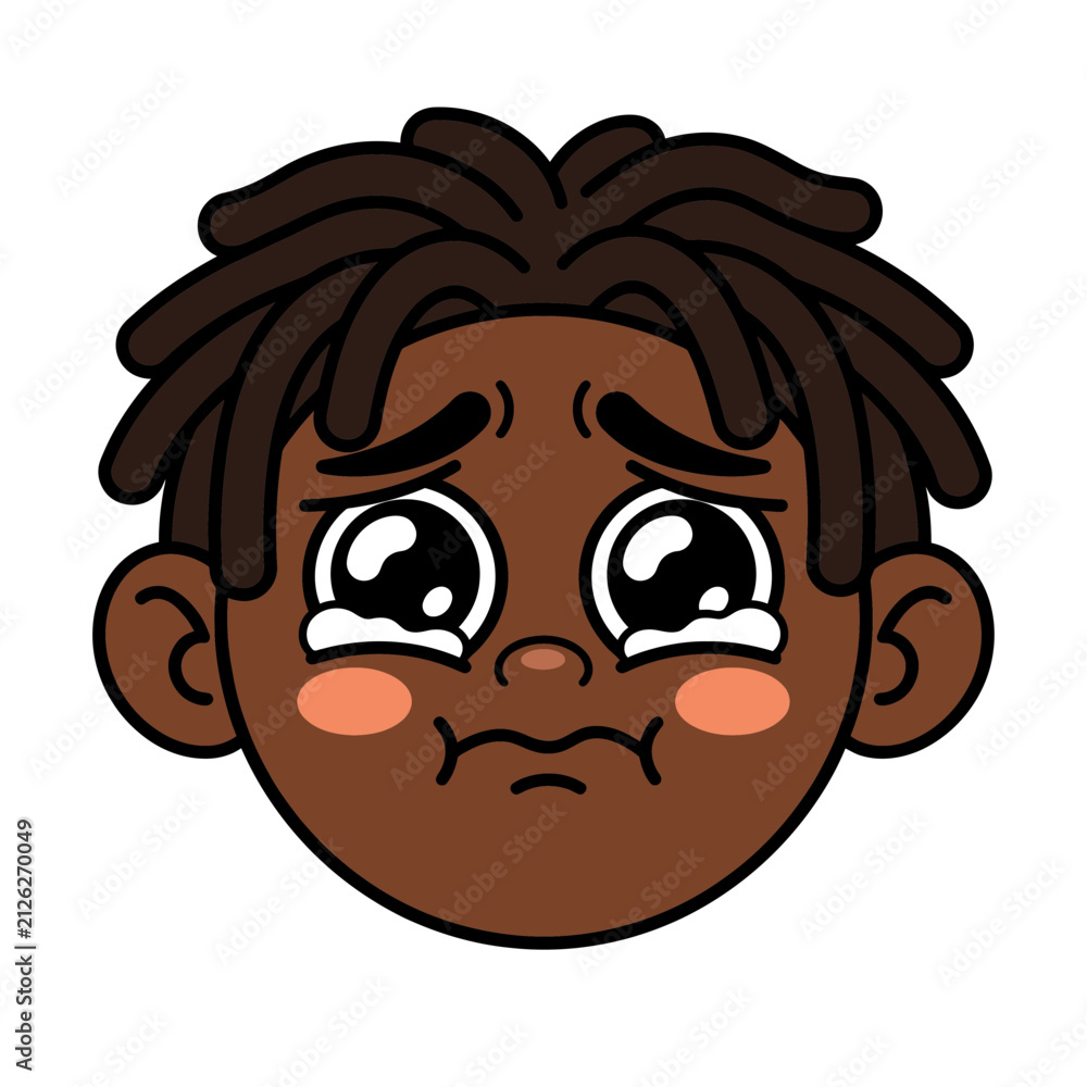 Fototapeta premium Crying emotional young boy sticker with dreadlocks and tears flat vector illustration isolated