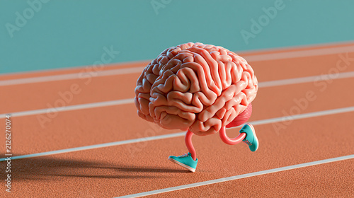 Whimsical clean illustration of a realistic brain with stylized running legs moving along a bright athletics track, simple balanced colors, mental agility, physical activity,