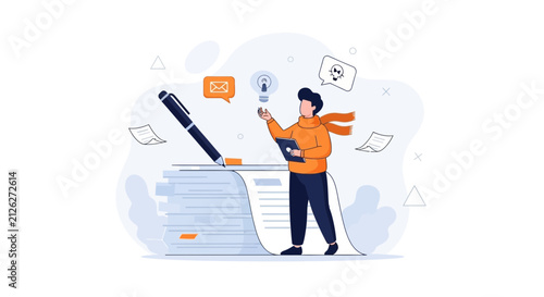 Creative Process: Person Writing Ideas, Emails, and Solving Problems with a Lightbulb Moment