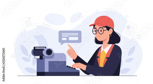 Creative Writer Typing on Vintage Typewriter, Generating Ideas with Speech Bubble and Documents