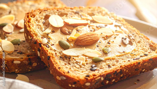 Close Up of Whole Grain Toast with Almond Butter and Mixed Seeds for Healthy High Protein Breakfast