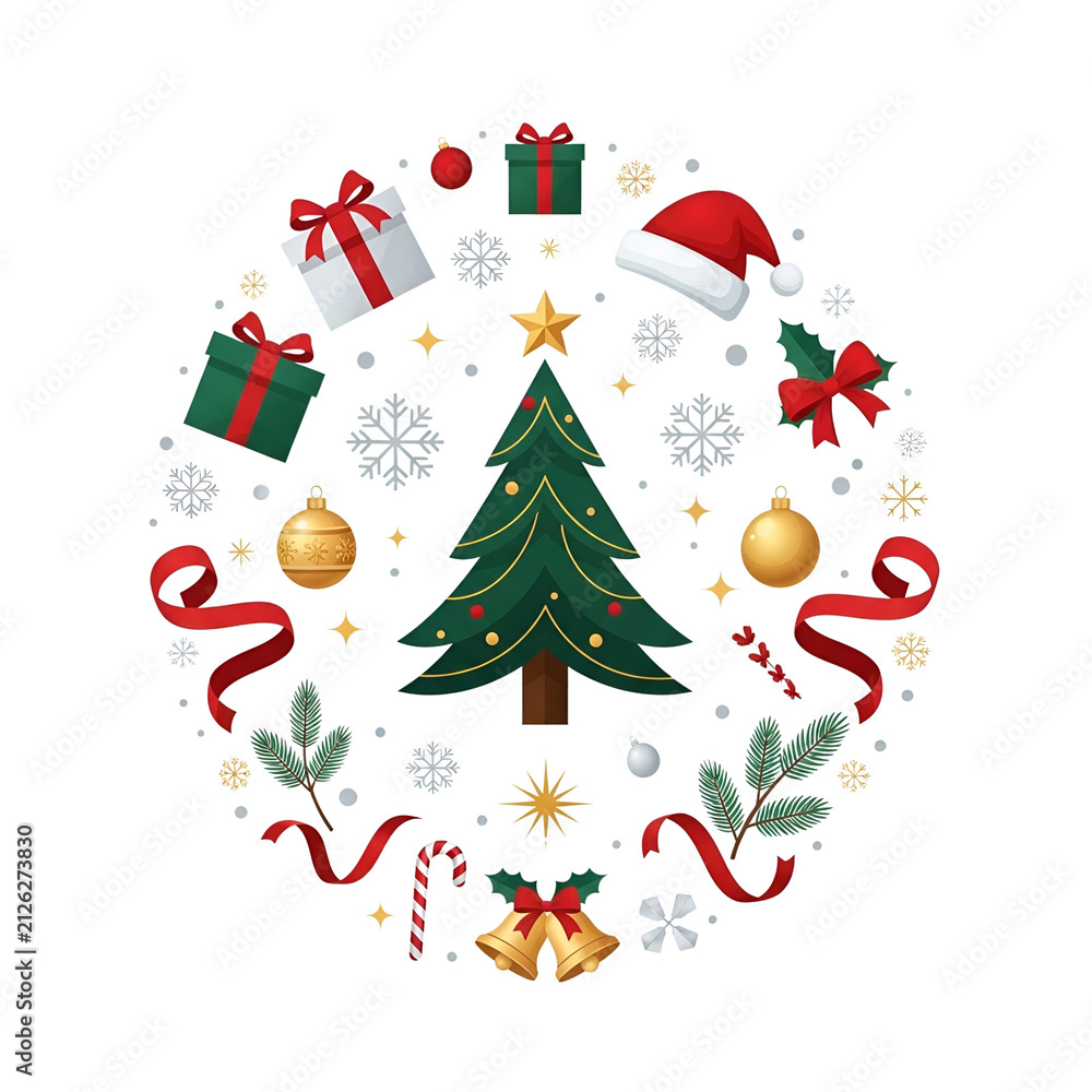 Fototapeta premium Christmas Tree and Festive Holiday Elements in Circular Composition