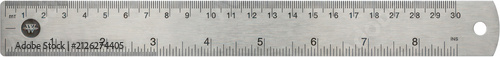 Metal ruler showing metric scale in centimeters and millimeters.