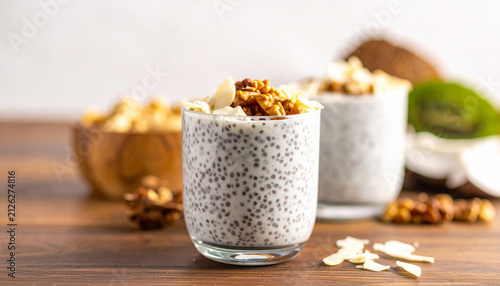 Healthy Chia Seed Pudding with Walnuts, Almonds and Coconut Flakes in Glass for High Protein Breakfast