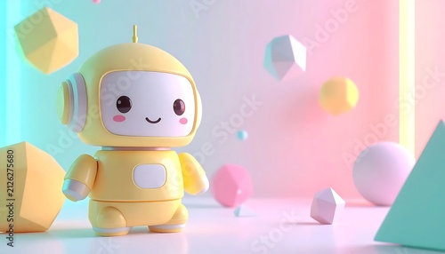 Cute yellow robot character with geometric shapes in a soft pastel background.