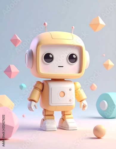 Cute Yellow Robot Character with Geometric Shapes 3D Illustration.