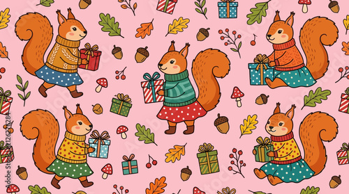 Cute seamless pattern with cartoon squirrels wearing sweaters and holding gifts on pink background