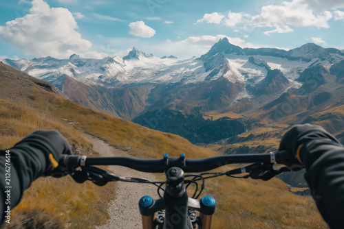 bike first person view, mountain biking on a high grassy alpine trail overlooking a vast snowcapped range, black gloves visible, photorealistic.png