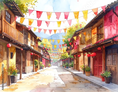 Charming old town street decorated with festive bunting and lanterns.