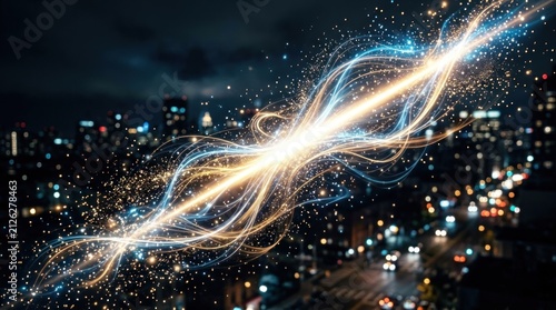 A glowing, ethereal light trail stretching across a cityscape at night, with buildings and lights in the background.