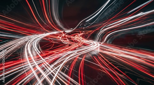 A complex network of red and white light trails, possibly representing data or information flow, against a dark background with a hint of red light trails.