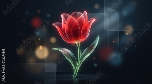 A glowing red tulip with a green stem and leaves, set against a dark, blurred background with bokeh effects.