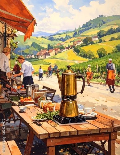 Charming outdoor cafe scene in a scenic European vineyard village.
