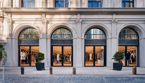 front view of a modern clothing store with large arched windows and entrance showcasing a variety of apparel inside located on a city street