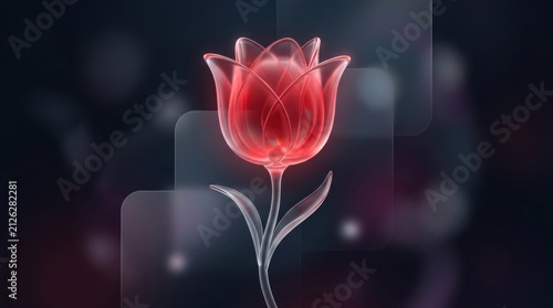 A red and transparent glass tulip with a futuristic, digital aesthetic, set against a dark, blurred background with geometric shapes.