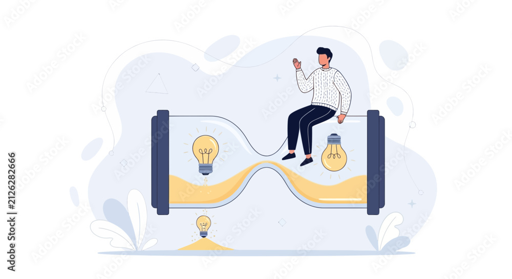 Obraz premium Man on Hourglass with Lightbulb Ideas Symbolizing Time Management and Innovation