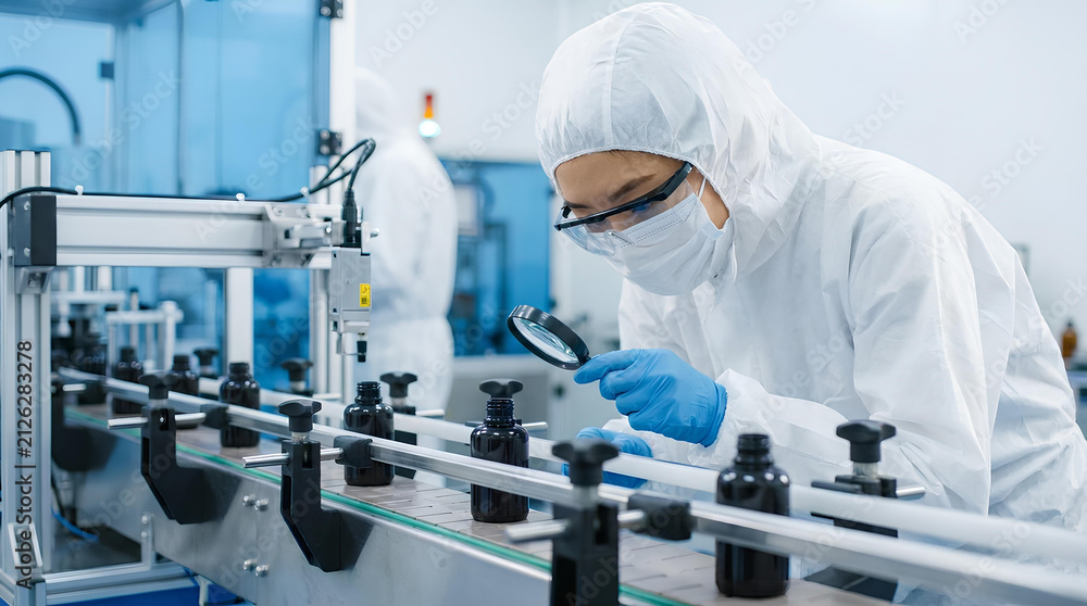 Fototapeta premium Scientist in protective suit inspecting medical vials in laboratory.