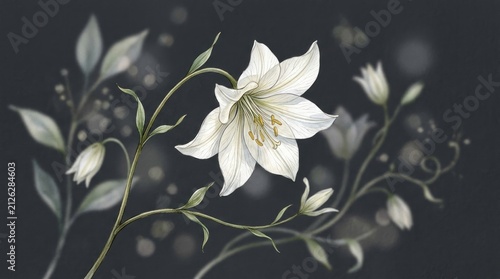 A white lily with green leaves and stems, set against a dark background with soft, blurred elements, evoking a serene and delicate atmosphere.