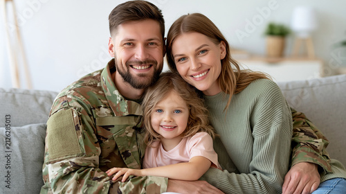 A young soldier returns from duty and sits with his wife and little daughter on a bright sofa, sharing a close family embrace, military homecoming, father, spouse, child, reunion, uniform,