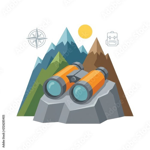 Binoculars on rock with mountains and compass