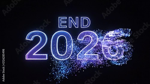 Year 2026 digital transition with glitch effects and particle disintegration ending 4k