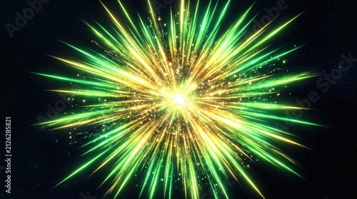 A vibrant green and yellow fireworks display against a dark, starry sky, with a central burst of light and scattered sparks.