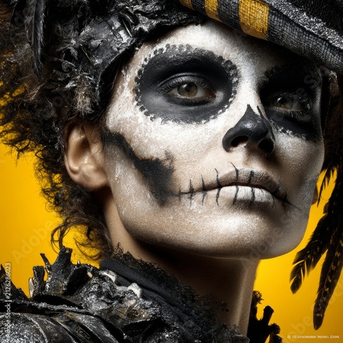 Spooky halloween: theatrical female in ghoulish costume gives a