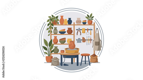 Pottery workshop interior with shelves of ceramic pots and tools.