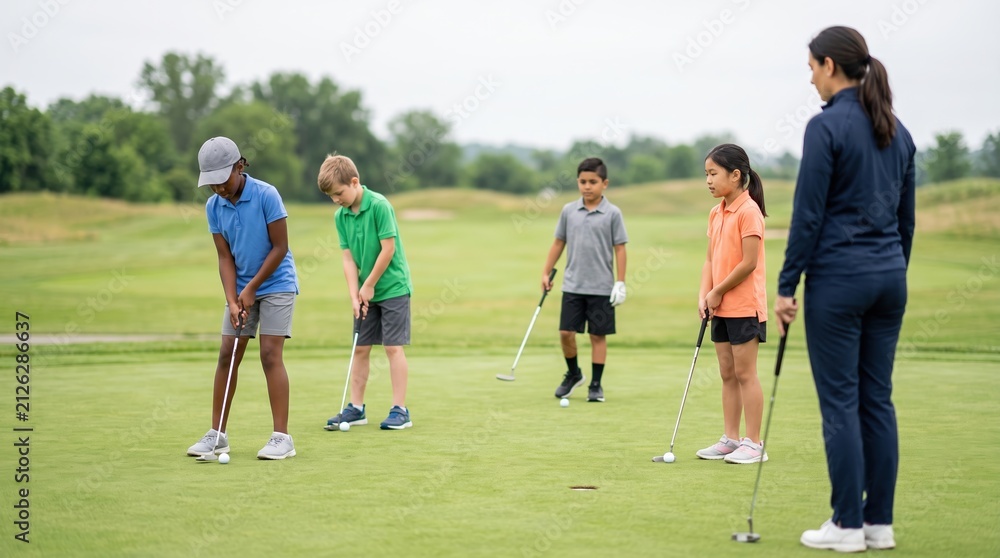 Fototapeta premium Diverse junior golf students practicing putting with instructor on course