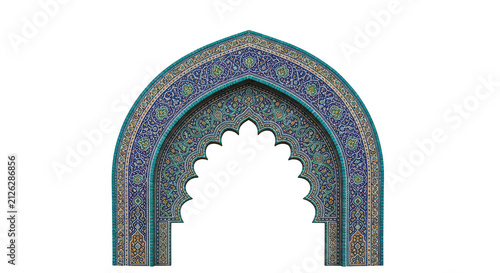 Intricate Islamic architectural archway with detailed mosaic patterns isolated on transparent background