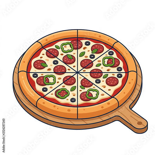 Isometric flat design pizza on wooden peel. Top-down view of fresh Italian pepperoni and vegetable pizza ready to bake.