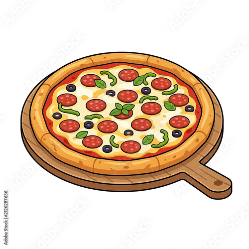 Freshly baked pepperoni pizza on wooden board. Delicious Italian flatbread topped with tomato sauce, cheese, and olives ready to serve.